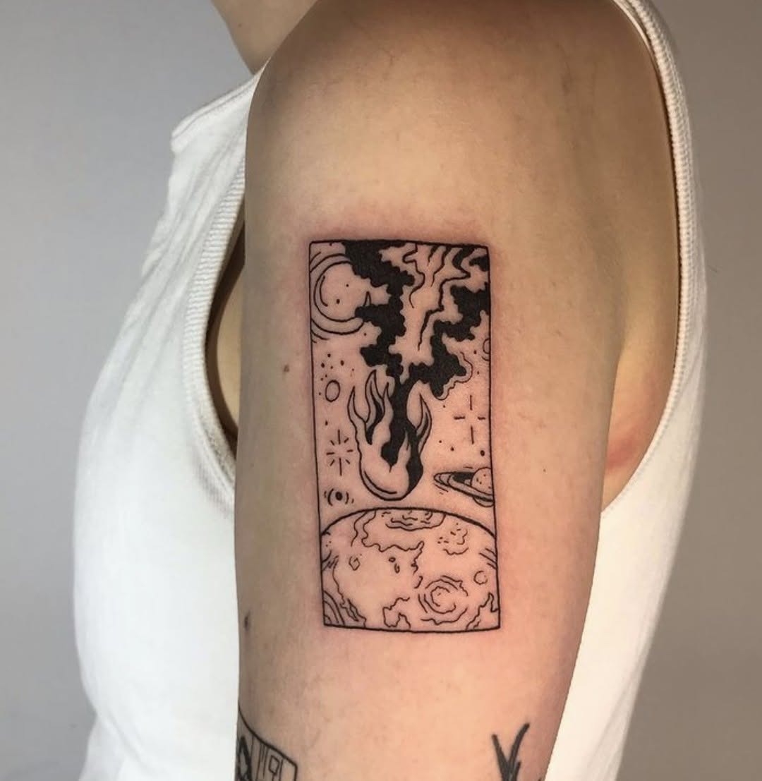This tattoo showcases a striking blend of cosmic and fire motifs.
