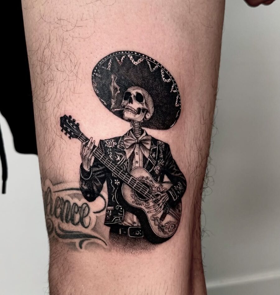 Artistic representation of a mariachi skeleton tattoo Tattoo Design