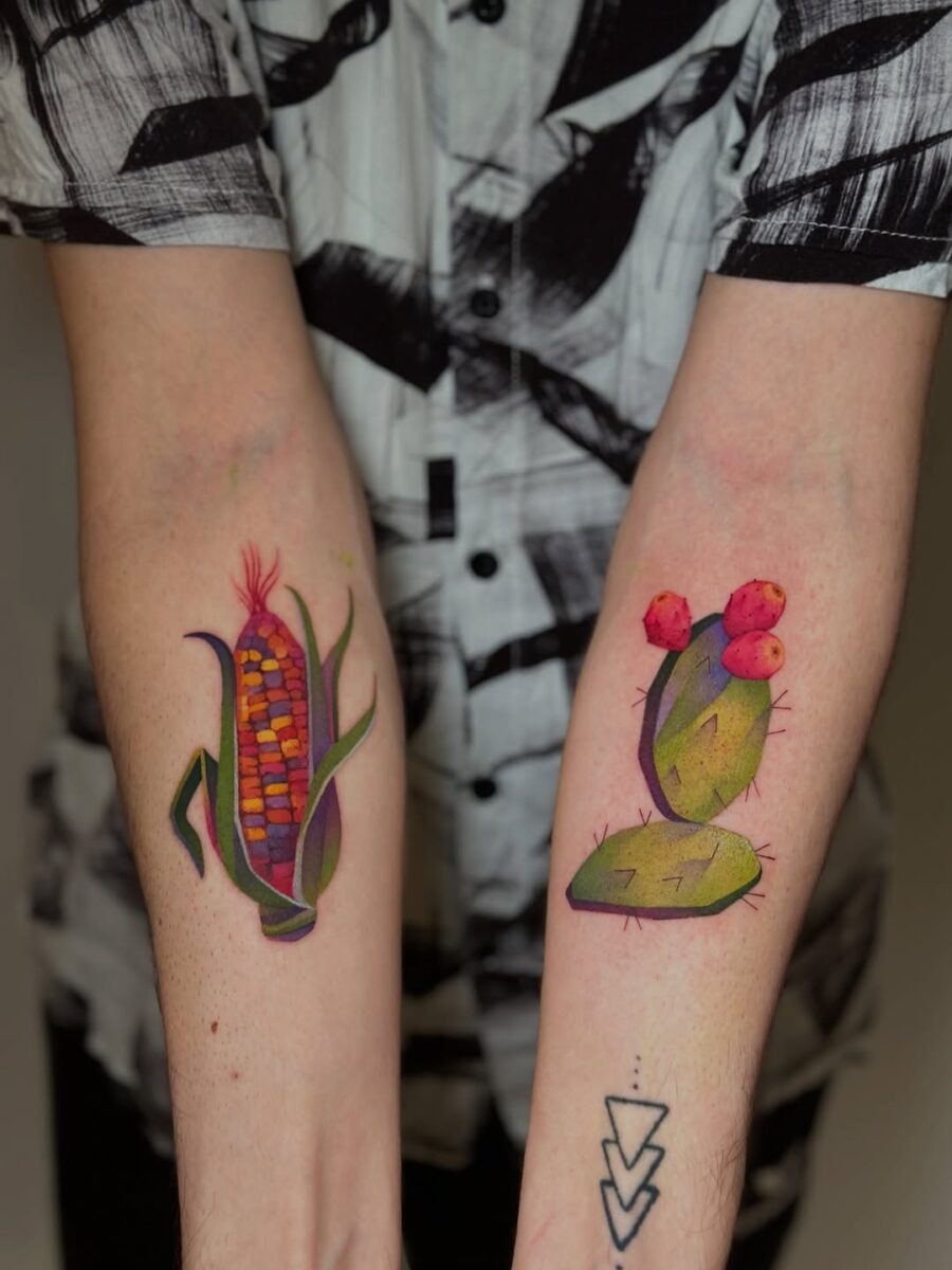 Colorful corn and cactus tattoos on display Tattoo Design