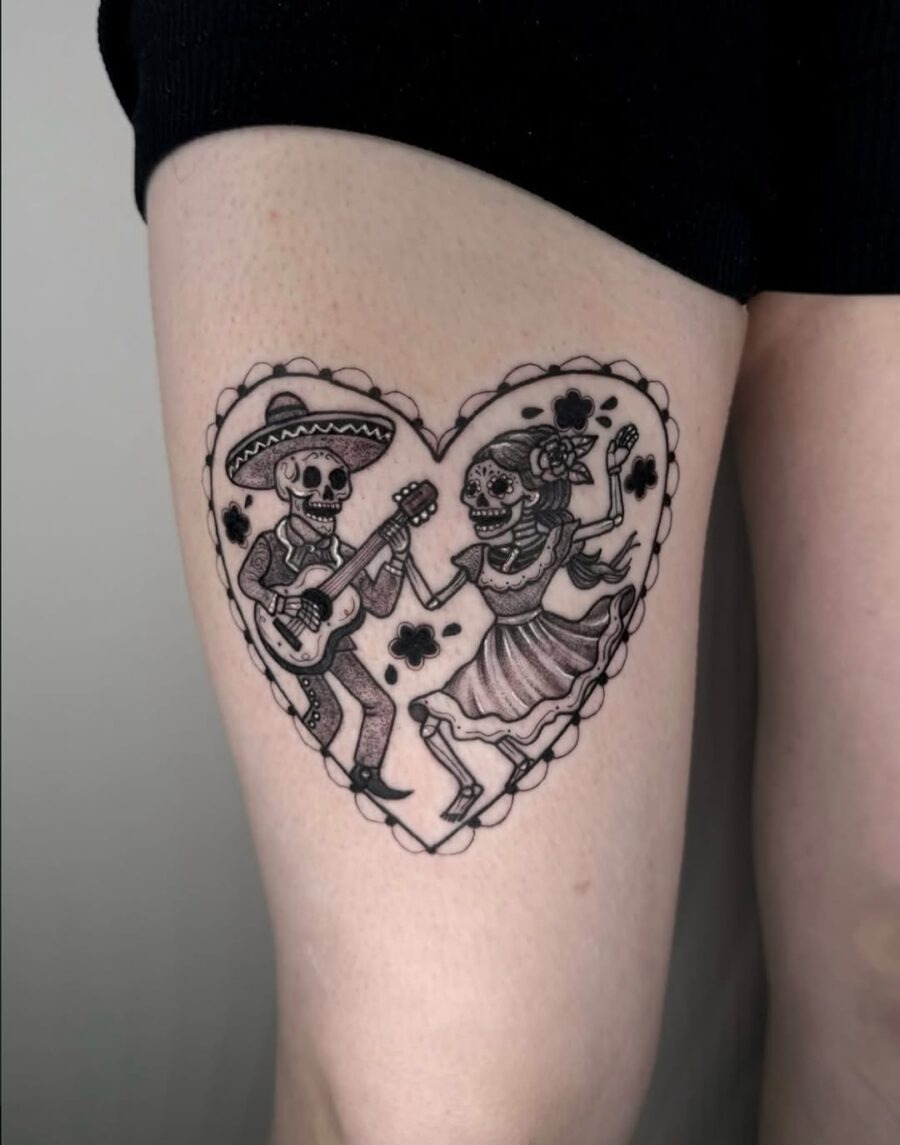 Couple Skeletons Dancing in Heart Design Tattoo Design