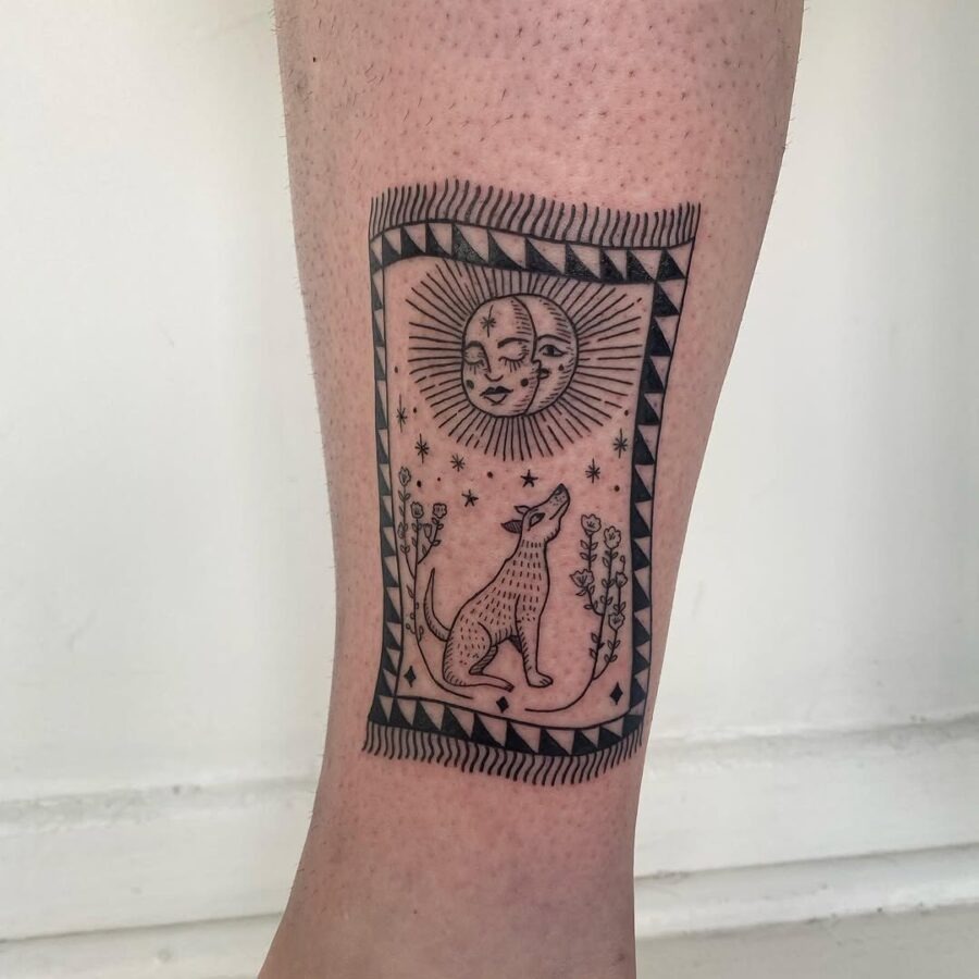 Coyote tattoo inspired by the sun and moon Tattoo Design