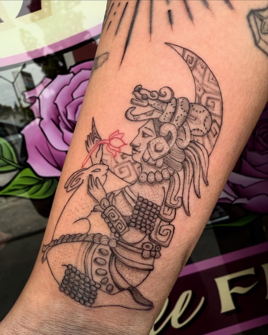Elegant Aztec goddess tattoo in fine detail Tattoo Design