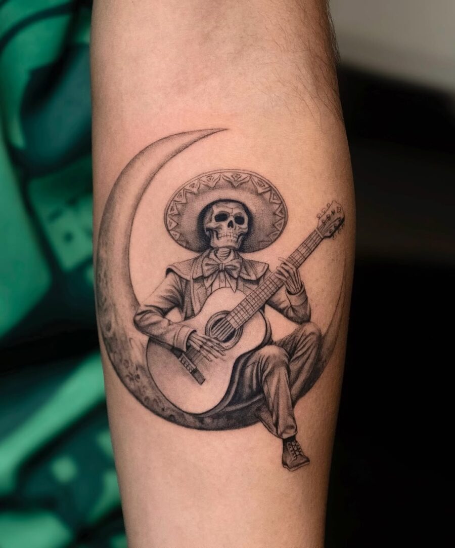 Elegant skeleton musician in harmony with the moon Tattoo Design