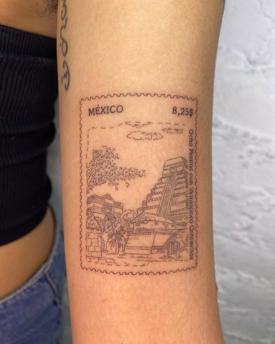 Unique Postal Stamp Tattoo Reflecting Mexico’s Culture Tattoo Design