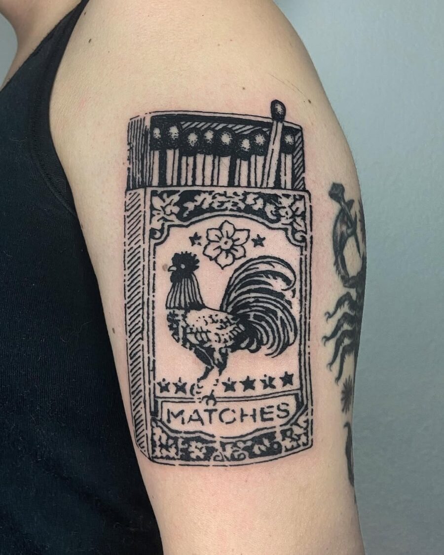 Unique rooster tattoo with matchbox design Tattoo Design