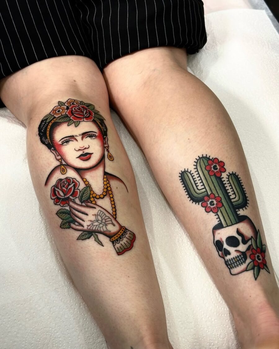 Vibrant Frida Kahlo and Cactus Tattoo Design Tattoo Design