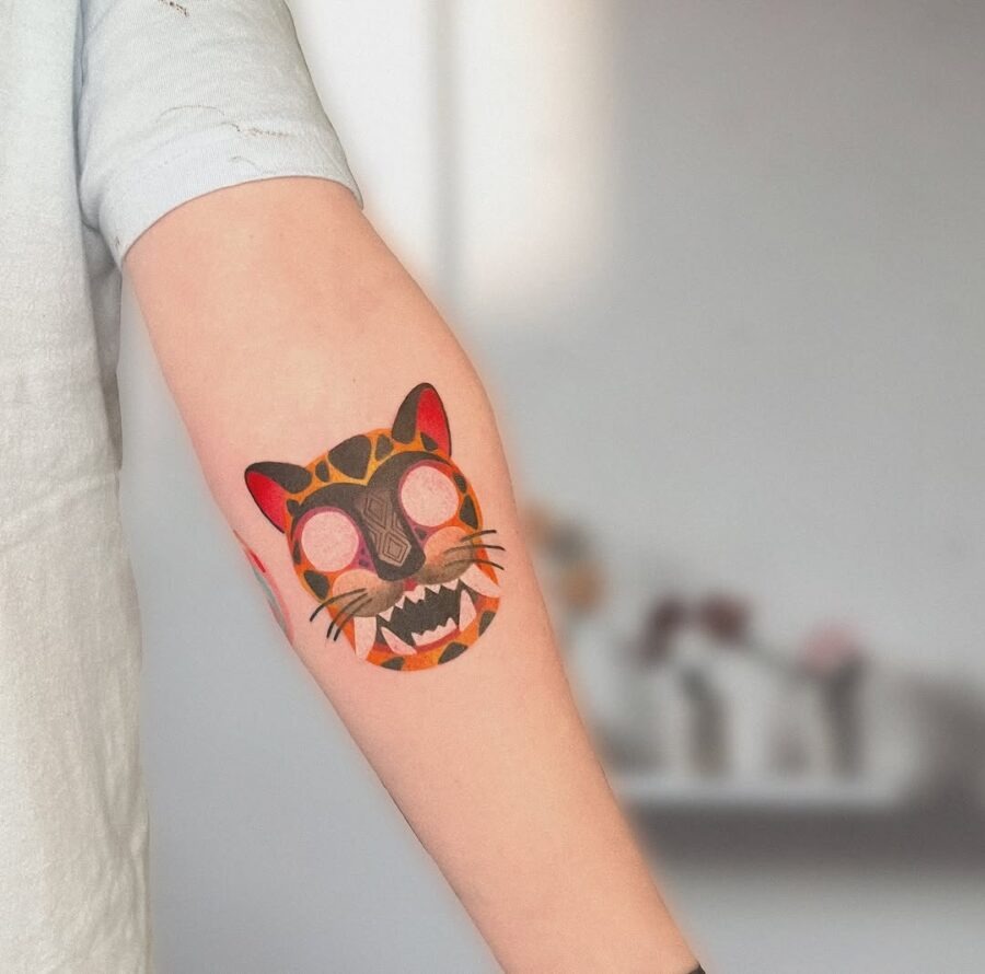Vibrant Mexican Cat Tattoo in Bold Colors Tattoo Design