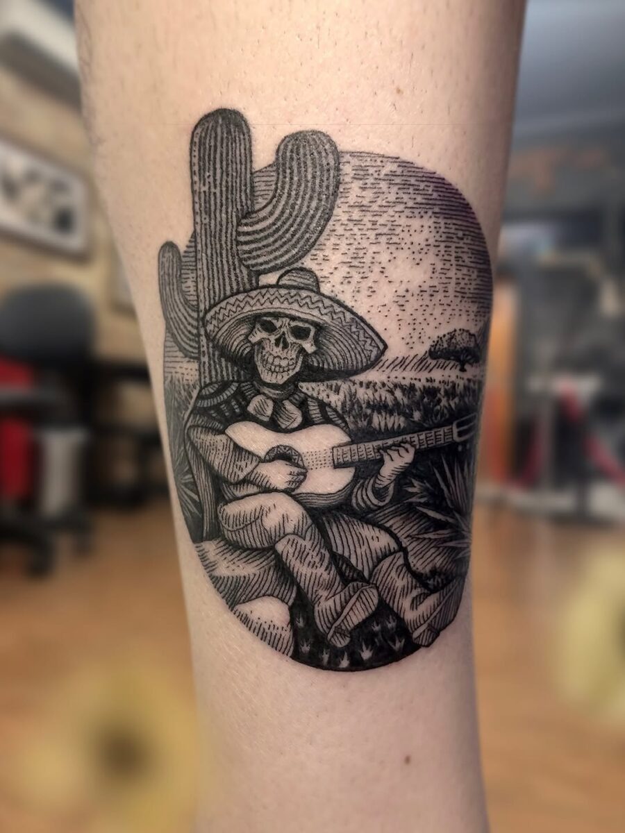 Vibrant Mexican skeleton musician under cactus Tattoo Design