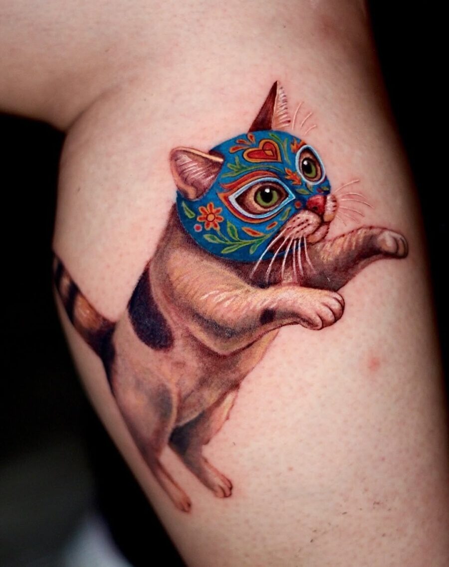 Vivid Luchador Cat Tattoo with Blue Mask Tattoo Design