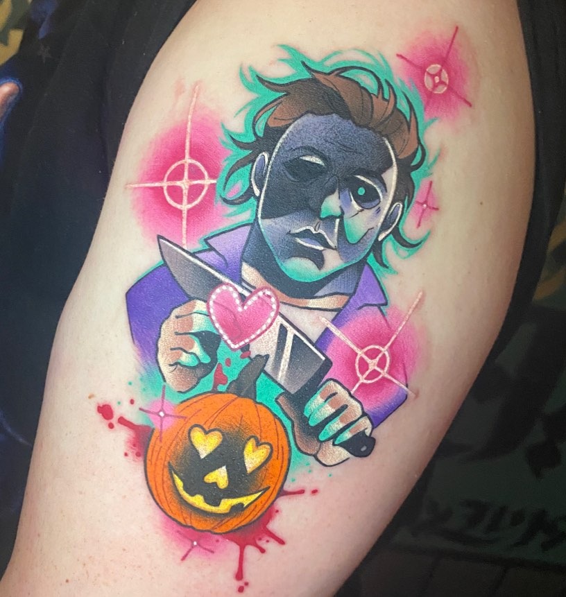 Neon Michael Myers and Skull Knife Tattoo Tattoo Design