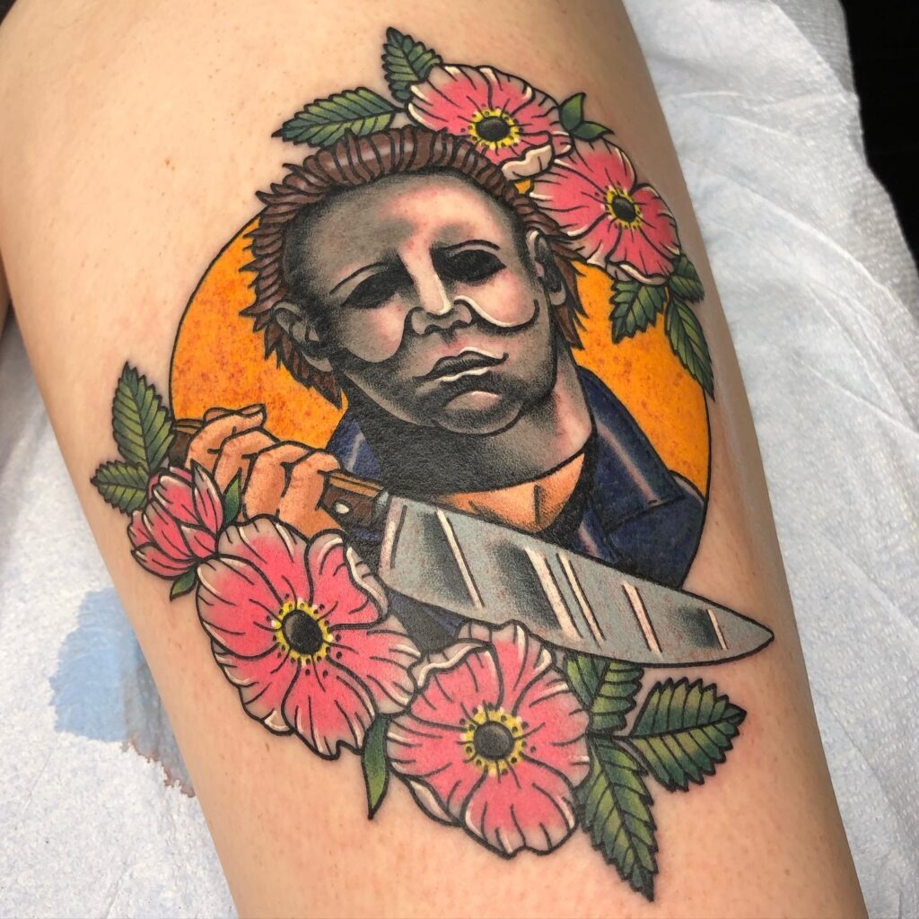 Neon Michael Myers with Heart and Pumpkin Tattoo Tattoo Design