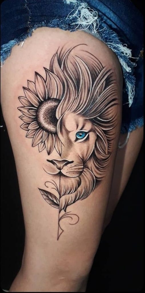 Lion and Sunflower Thigh Tattoo Tattoo Design