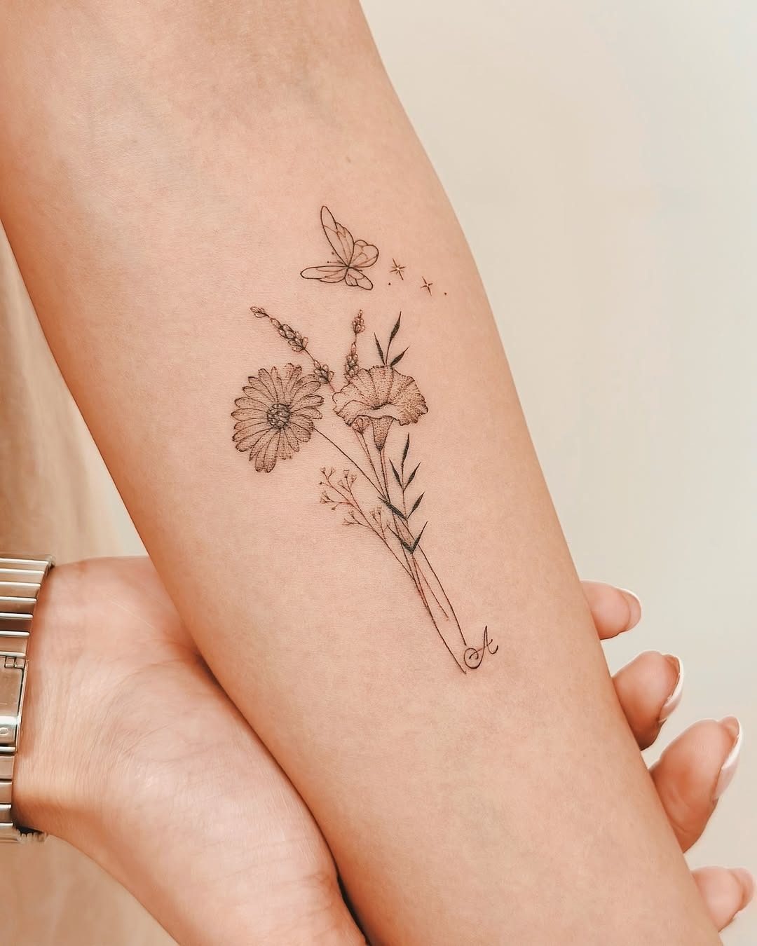 Delicate floral and butterfly minimalist tattoo design Tattoo Design