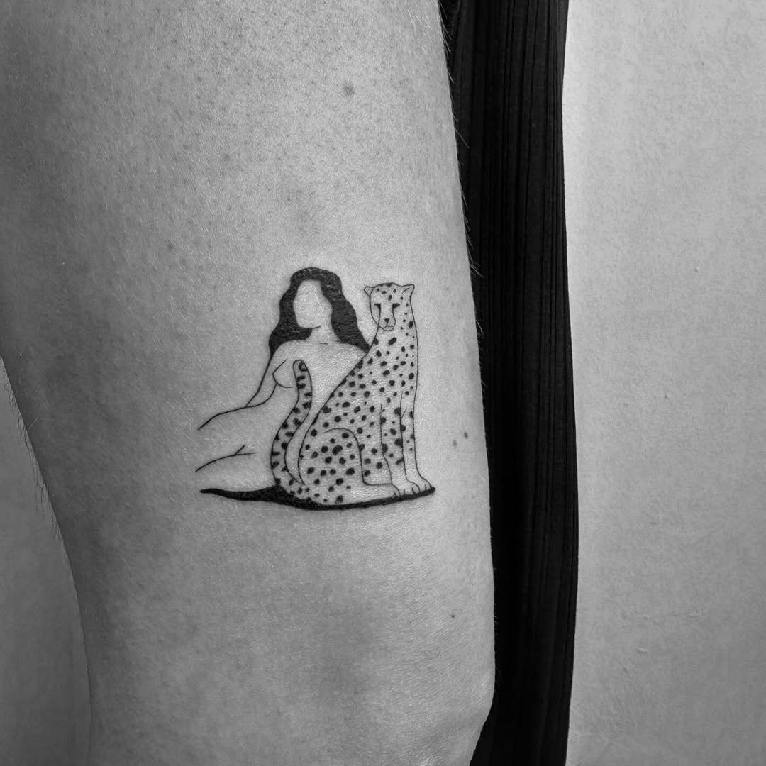 Intriguing woman and leopard minimalist tattoo design Tattoo Design