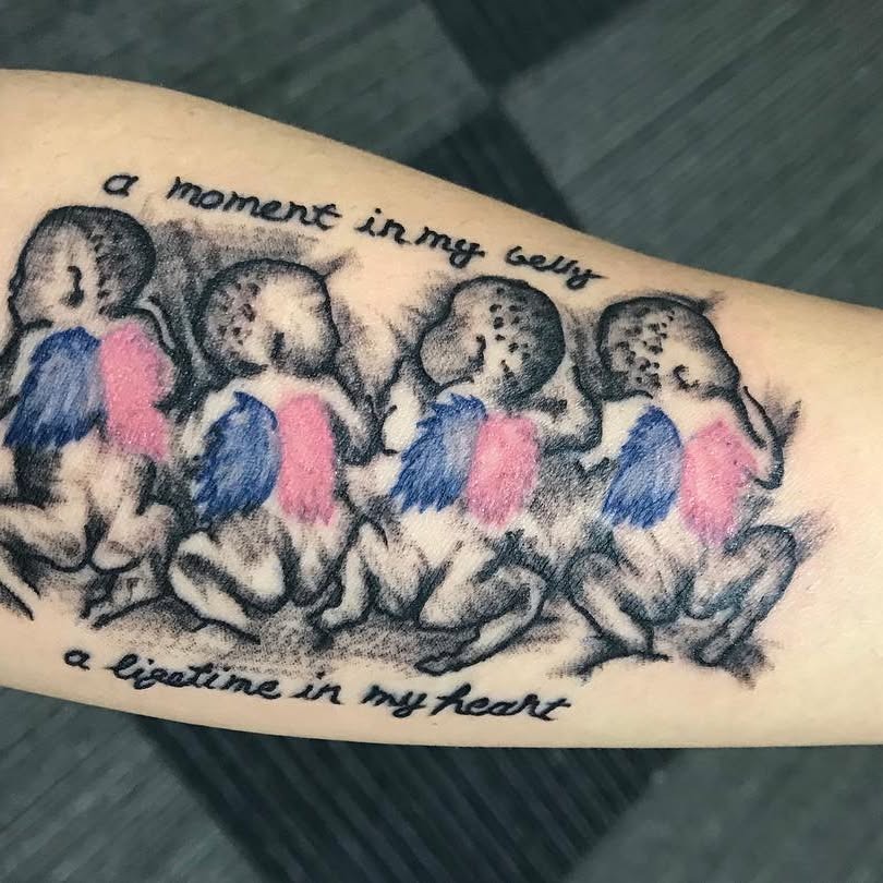 Angel Babies Tattoo with Colored Wings and Quote Tattoo Design