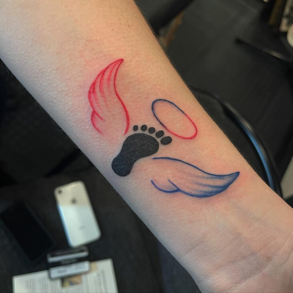 Angel Baby Footprint Tattoo with Wings and Halo Tattoo Design
