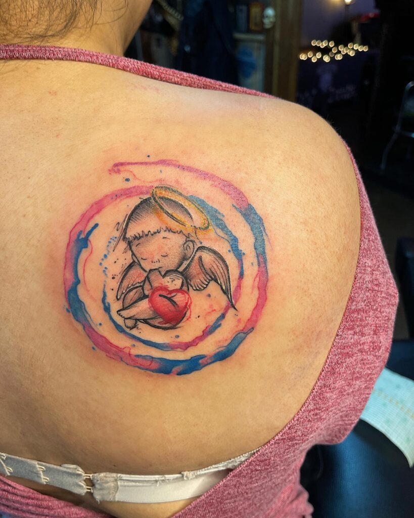 Angel Baby with Heart and Watercolor Swirl Tattoo Tattoo Design