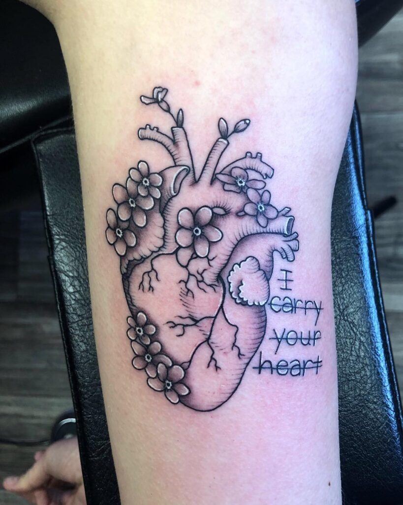 Floral Anatomical Heart Miscarriage Tattoo with Quote Tattoo Design