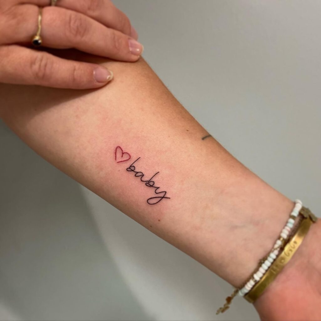 Handwritten "Baby" Memorial Tattoo with Heart Tattoo Design