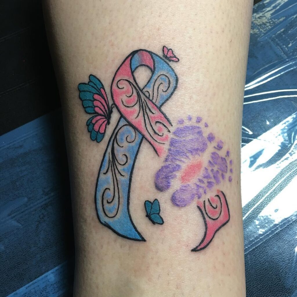 Miscarriage Awareness Ribbon Tattoo with Baby Footprints and Butterflies Tattoo Design