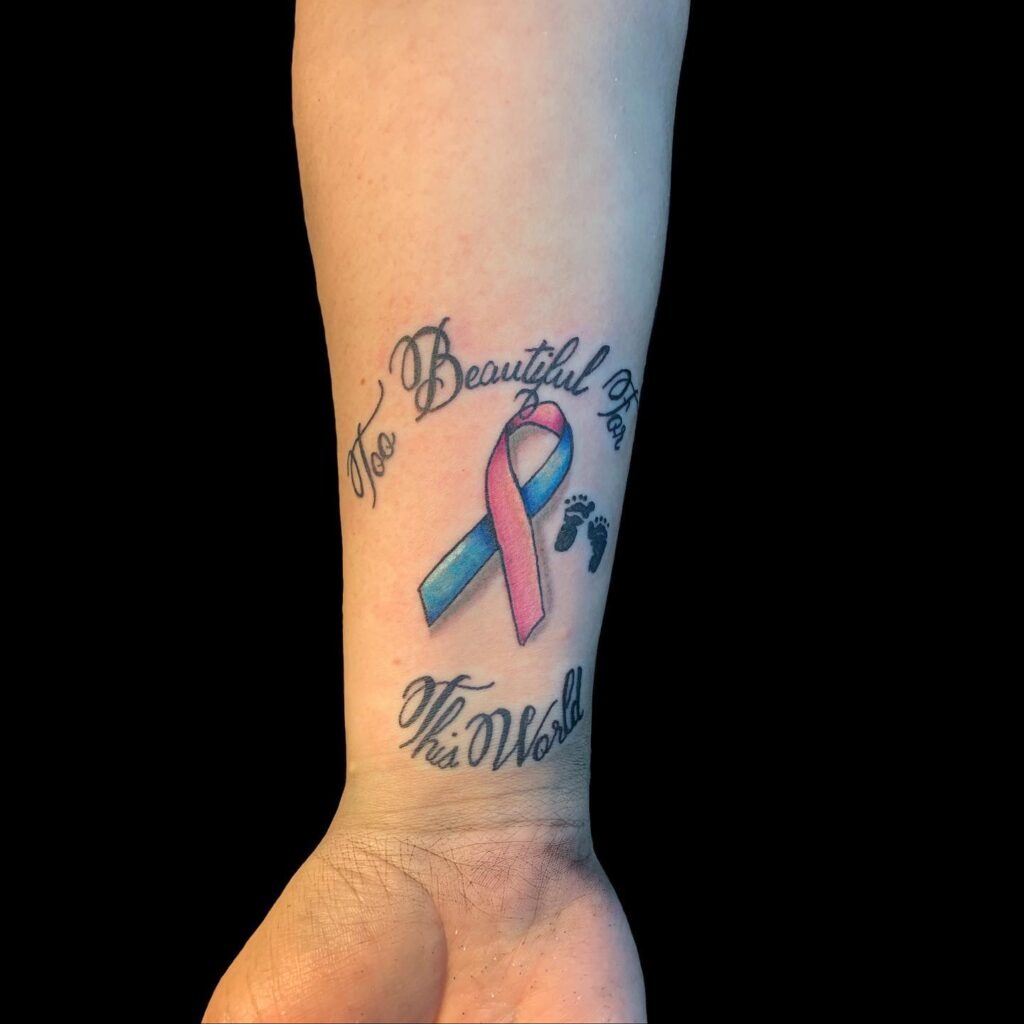 Miscarriage Awareness Ribbon Tattoo with Baby Footprints Tattoo Design