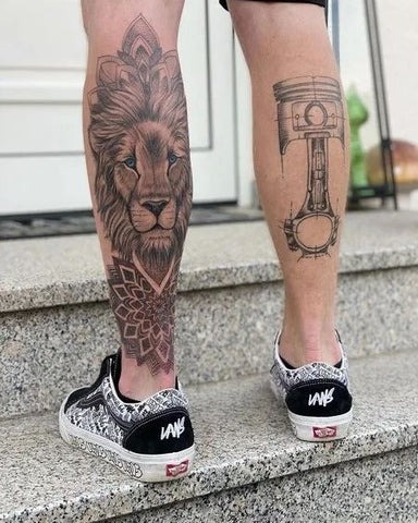 Lion and Engine Piston: Strength and Mechanics Tattoo Design