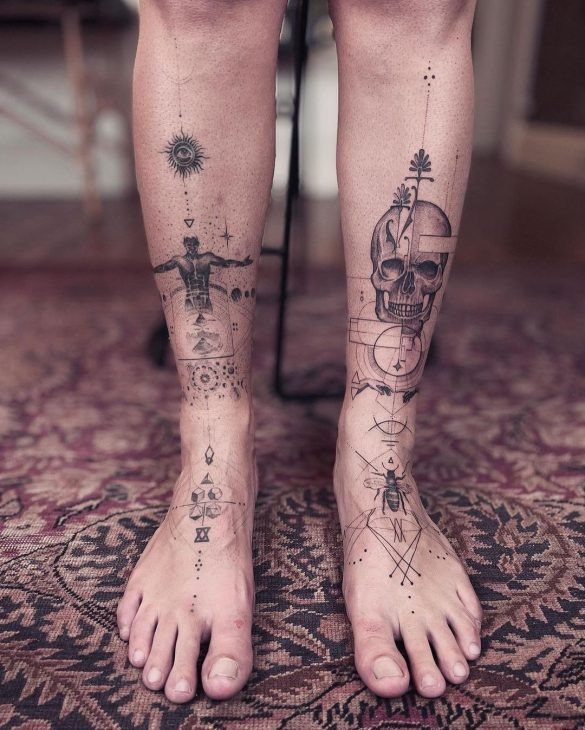 Minimalist Cosmic and Skull Tattoos: A Dual Leg Statement Tattoo Design