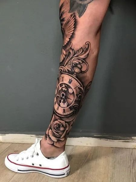 Ornate Clock and Roses: Timeless Beauty and Intricacy Tattoo Design