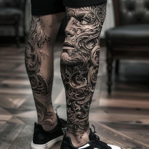 The Intricacy of Sculpted Faces and Baroque Details Tattoo Design