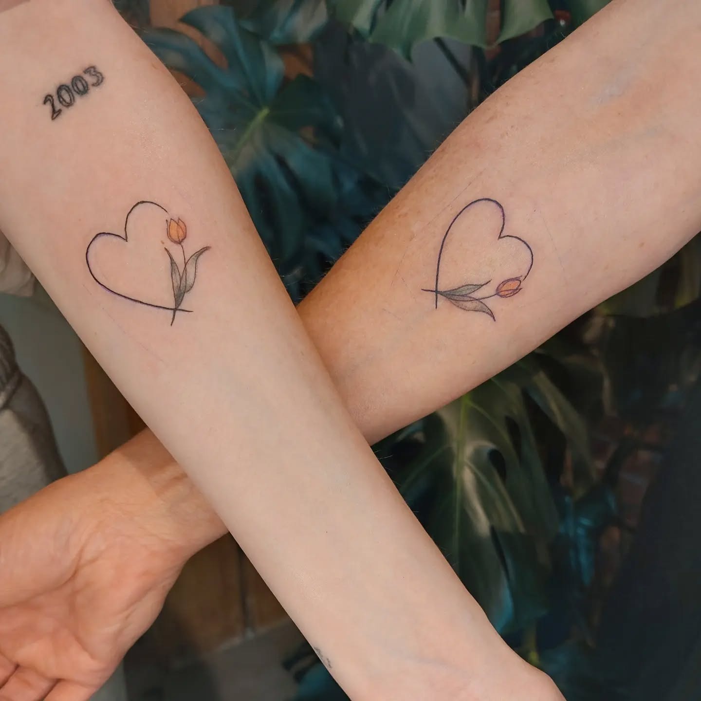 Matching Blue Flower Tattoos with "Mother" and "Daughter" Tattoo Design