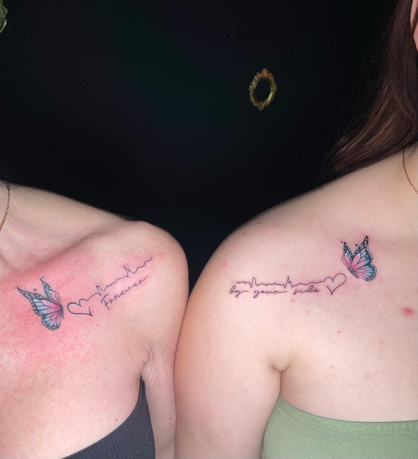 Matching Heart Outline Tattoos with Tulip Blooms Tattoo Design