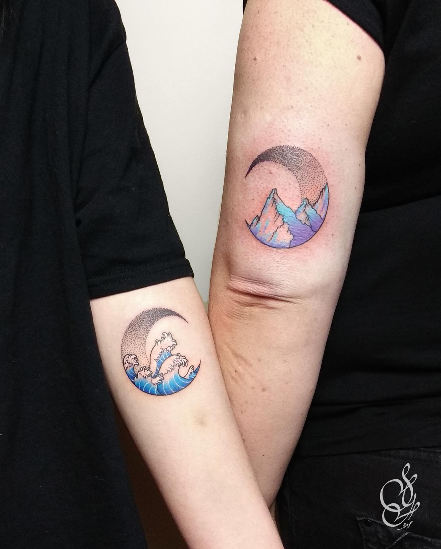 Matching Wave and Mountain Tattoos for Mother and Daughter Tattoo Design