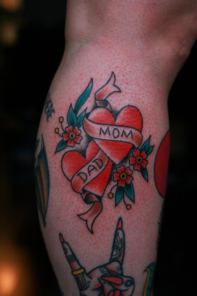 Classic Double Heart Mom Dad Tattoo with Flowers Tattoo Design