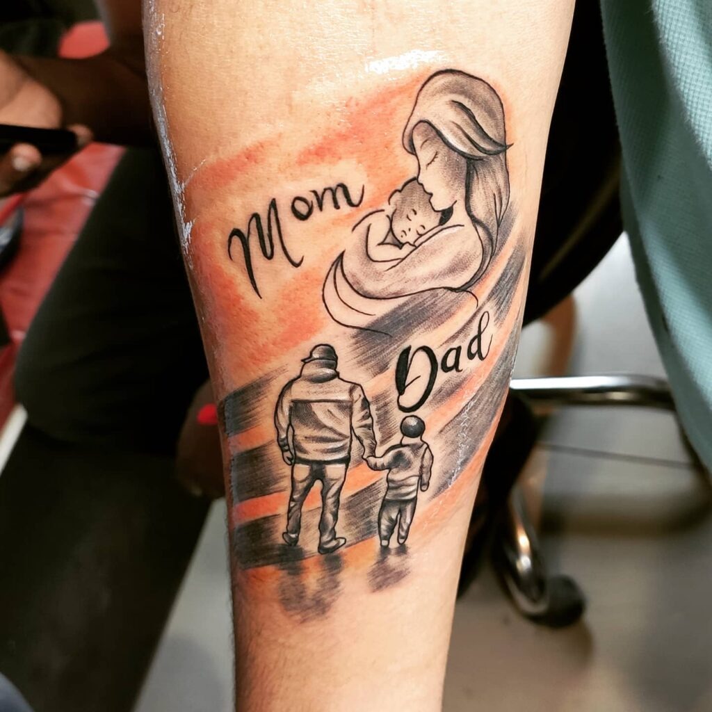 Flying Birds Mom Dad Tattoo with Heart Tattoo Design