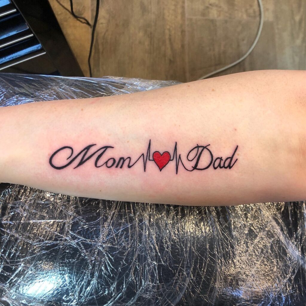 Heartbeat Mom Dad Tattoo with Red Heart Tattoo Design