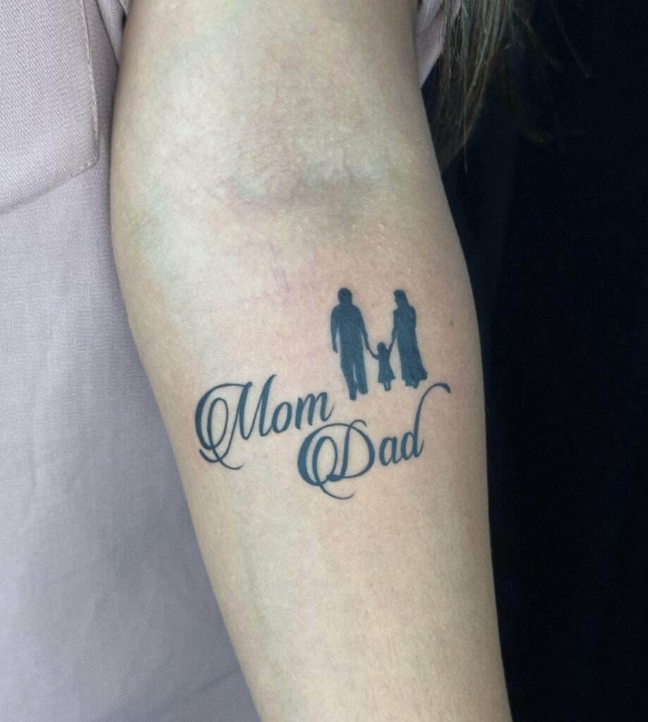 Holding Hands Mom Dad Tattoo with Red Heart Tattoo Design