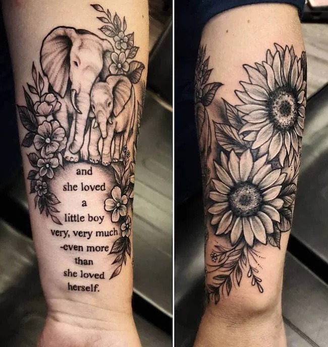 Featuring a mother elephant and her calf, this tattoo symbolizes the protective and nurturing nature of motherhood.