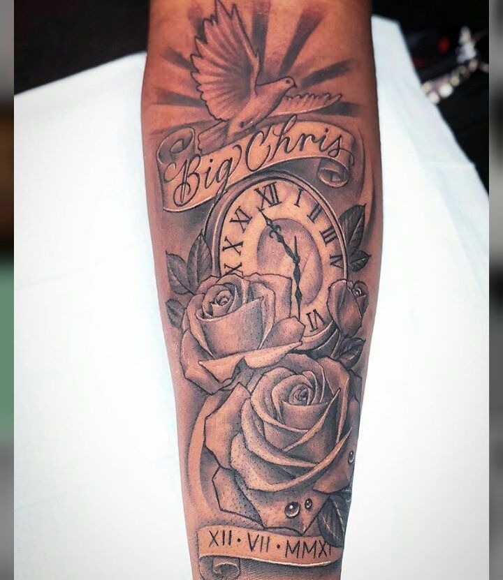 Combining the imagery of a clock and roses, this tattoo represents timeless love and cherished memories.
