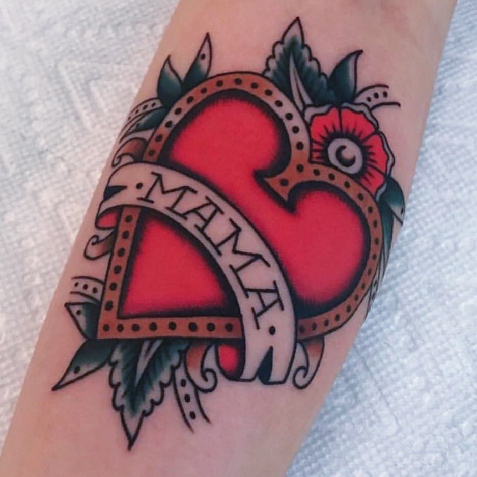 Bold Mama Heart Tattoo with Floral Accents Tattoo Design
