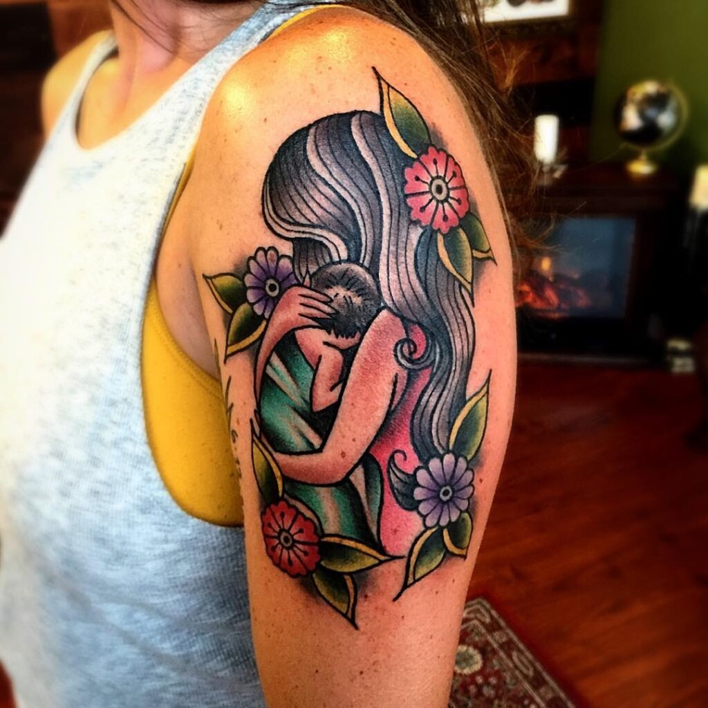 Bold Traditional Mother and Baby Tattoo Tattoo Design