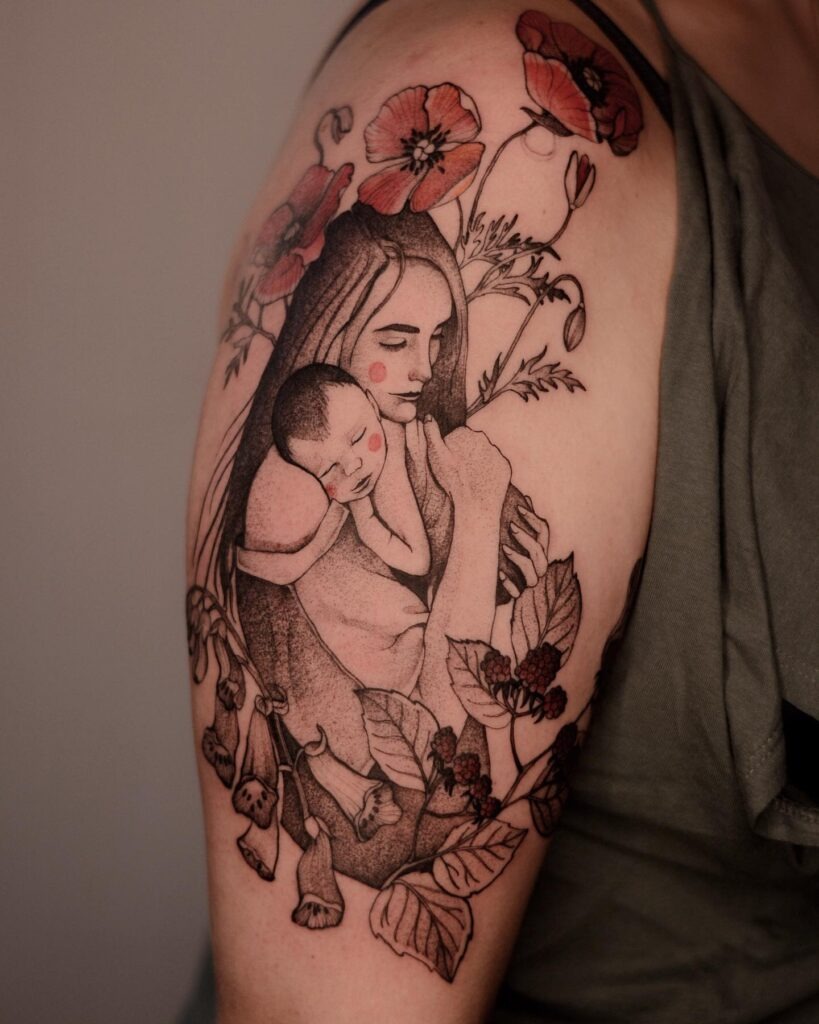 Mother and Baby with Botanical Elements Tattoo Tattoo Design