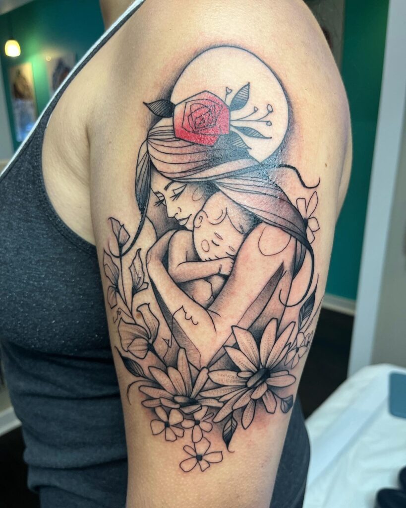 Mother and Baby with Floral Moon Tattoo Tattoo Design