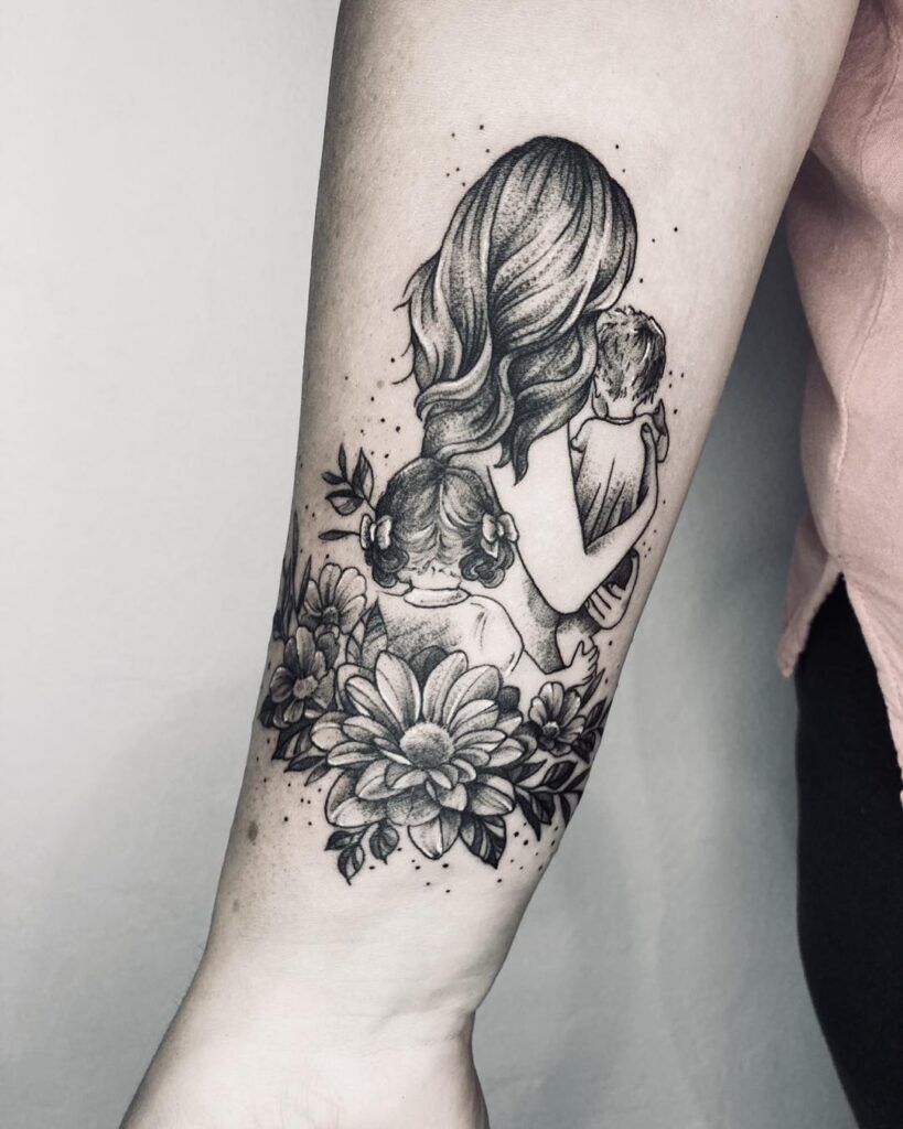 Mother and Two Children Floral Tattoo Tattoo Design