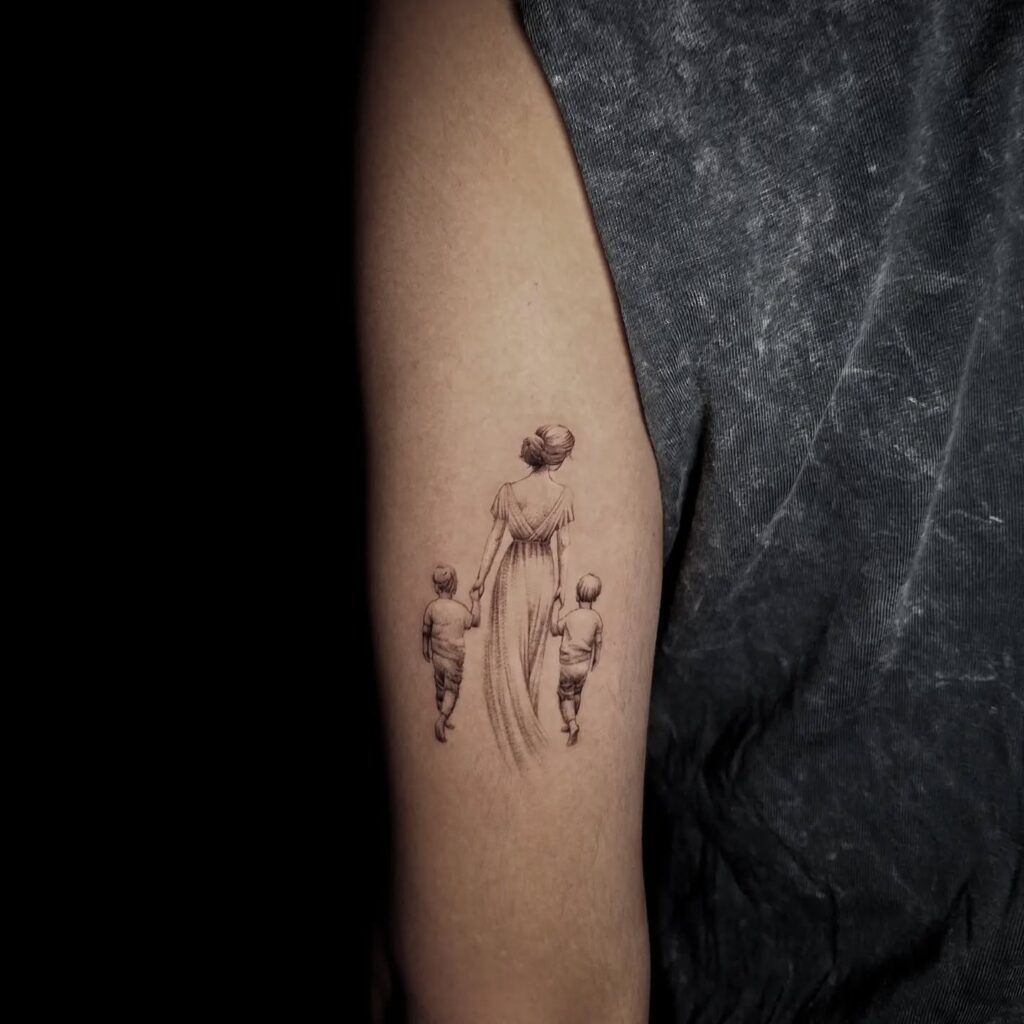 Mother Walking with Two Children Tattoo Tattoo Design