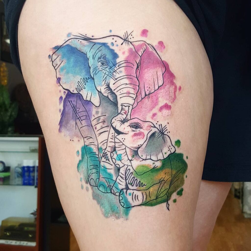 Colorful Mother and Baby Elephant Tattoo Tattoo Design