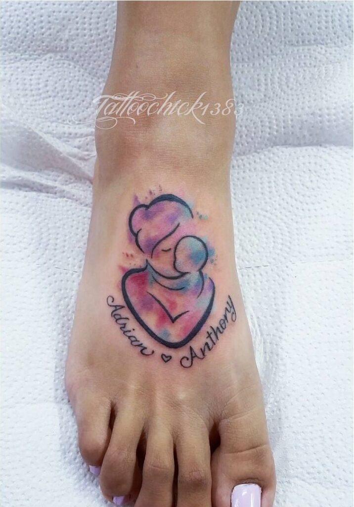 Colorful Mother and Child Watercolor Tattoo Tattoo Design