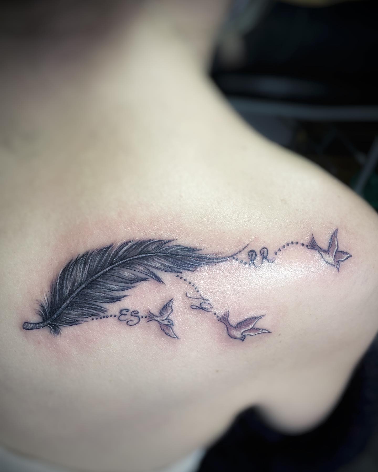 Feather with Flying Birds and Initials Tattoo Tattoo Design