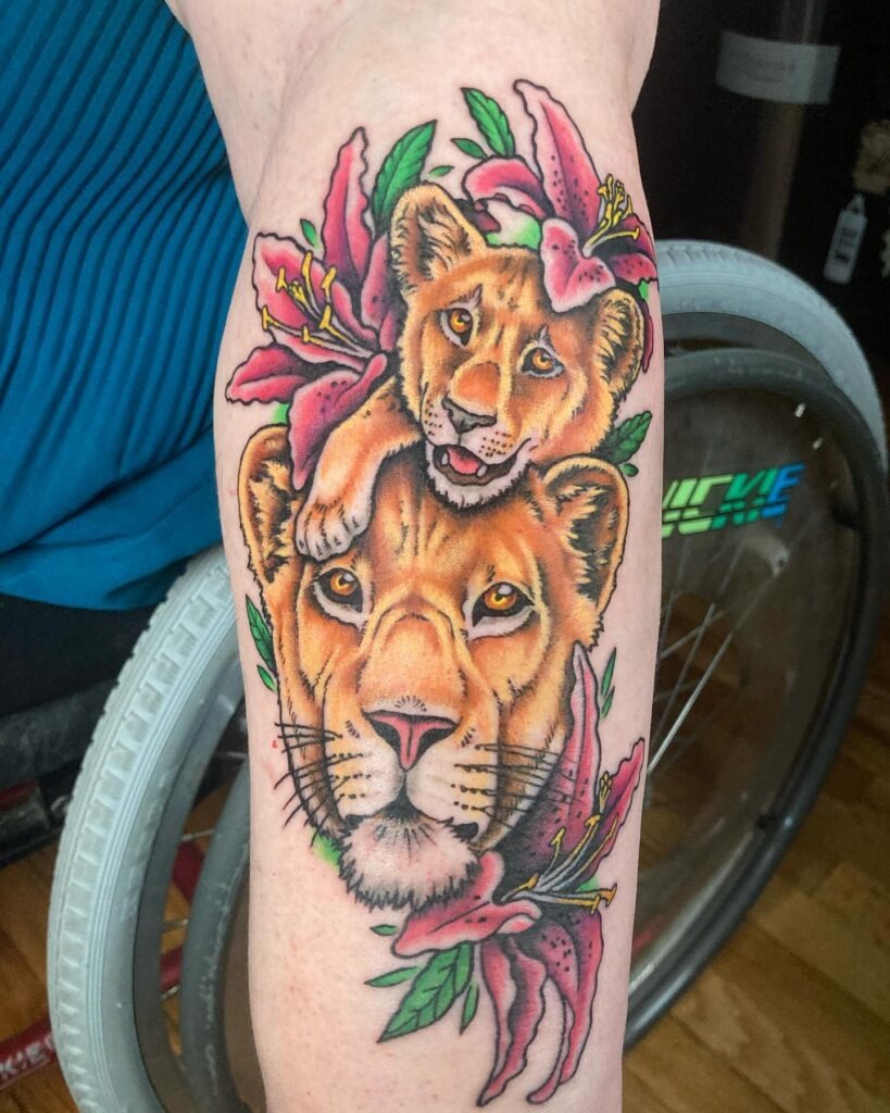 Lioness and Cub with Lilies Tattoo Tattoo Design