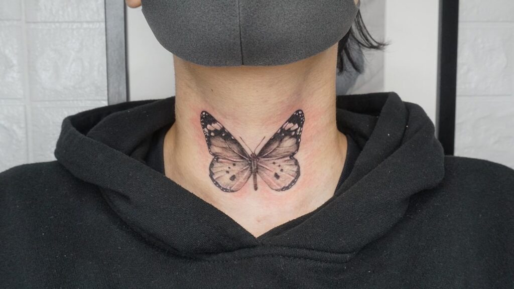 Black and Grey Monarch Butterfly Neck Tattoo Tattoo Design