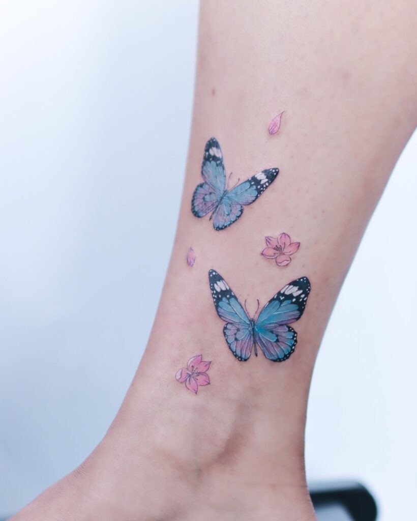 Blue Monarch Butterfly Tattoos with Flowers on Ankle Tattoo Design